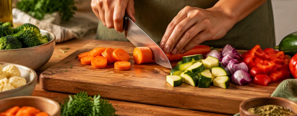 Close em uma tábua de corte enquanto uma pessoa corta diversos legumes sobre a mesa.
