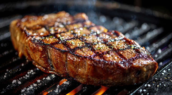 Bife grelhado na churrasqueira com marcas de grelha e sal de parrilla.