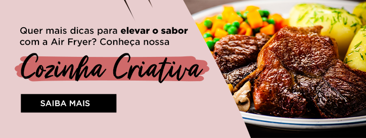 Carne com legumes em prato e chamada para a Cozinha Criativa