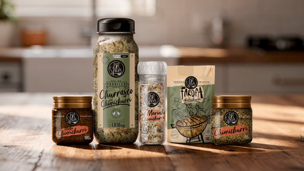 Molho Chimichurri, Sal de Parrilla com Chimichurri, Moedor Sal Marinho & Chimichurri, Farofa com Chimichurri e Chimichurri Seco BR Spices