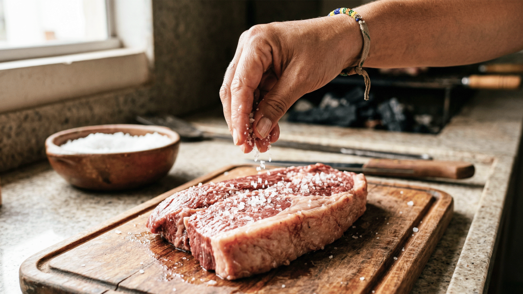 Peça de carne sendo temperada com sal grosso.
